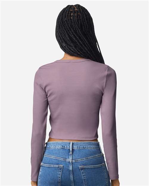 American Apparel BR2107 Women's Baby Rib Long Sleeve Cropped Tee - Smokey Violet - model back