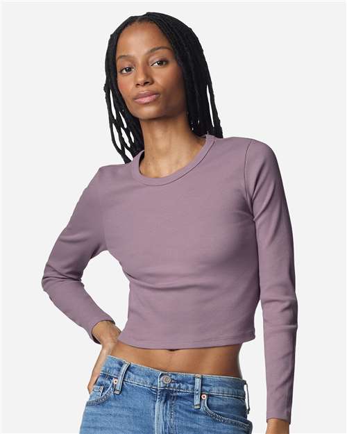 American Apparel BR2107 Women's Baby Rib Long Sleeve Cropped Tee - Smokey Violet - model front