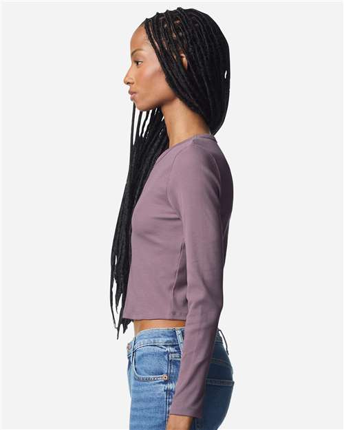 American Apparel BR2107 Women's Baby Rib Long Sleeve Cropped Tee - Smokey Violet - model side