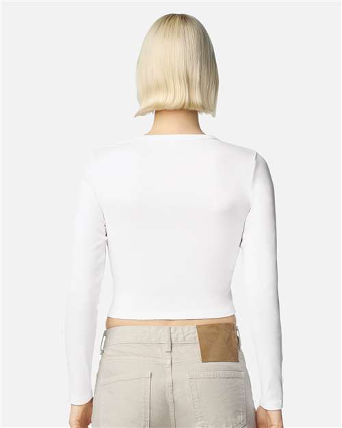 American Apparel BR2107 Women's Baby Rib Long Sleeve Cropped Tee - White - model back