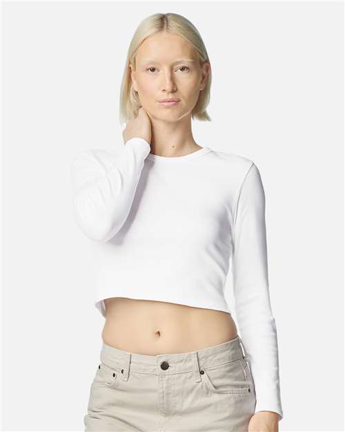 American Apparel BR2107 Women's Baby Rib Long Sleeve Cropped Tee - White - model front