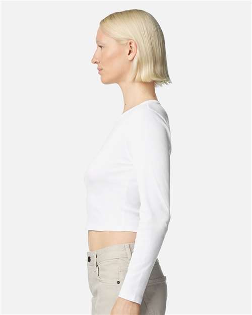 American Apparel BR2107 Women's Baby Rib Long Sleeve Cropped Tee - White - model side