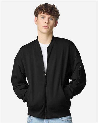 American Apparel FTJ77 Unisex French Terry Bomber Jacket - Black - model front