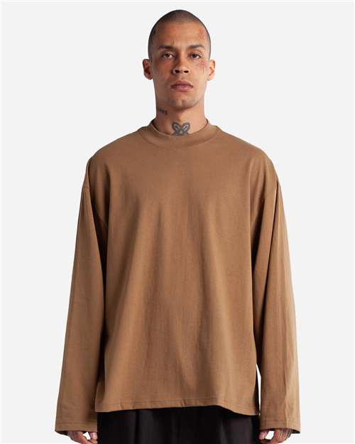 Shaka Wear SHMOL Unisex Max Heavyweight Oversized Long Sleeve T-Shirt - Latte - model front