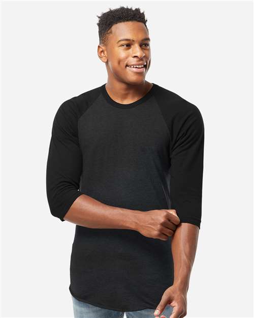 Tultex 245 Unisex Fine Jersey Raglan T-Shirt - Heather Black/ Black - model front