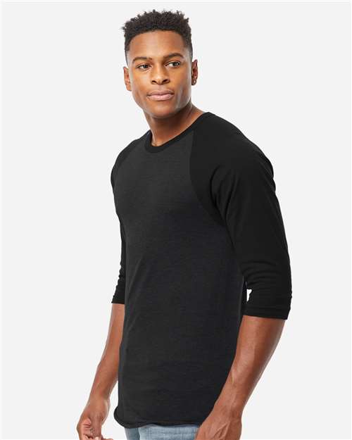 Tultex 245 Unisex Fine Jersey Raglan T-Shirt - Heather Black/ Black - model side