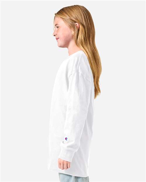 Champion CH1751 Youth Long Sleeve T-Shirt - White - model side