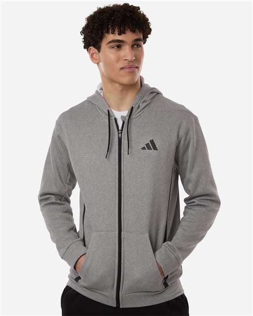 Adidas AT208 Men's Game & Go Fleece Full-Zip Hooded Sweatshirt - Medium Grey Heather - model front