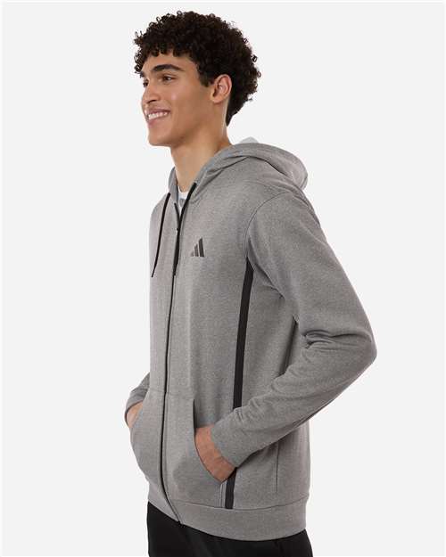 Adidas AT208 Men's Game & Go Fleece Full-Zip Hooded Sweatshirt - Medium Grey Heather - model side
