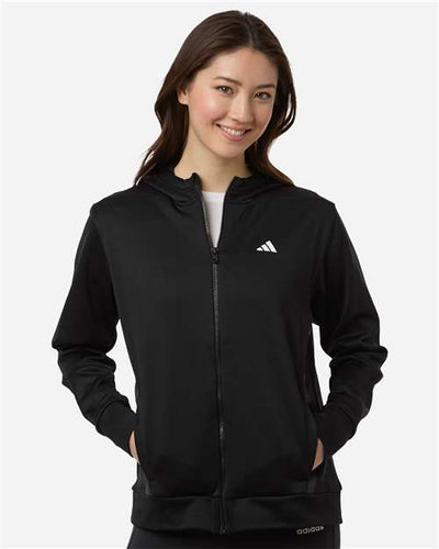 Adidas AT209 Women's Game & Go Fleece Full-Zip Hooded Sweatshirt - Black/ White - model front