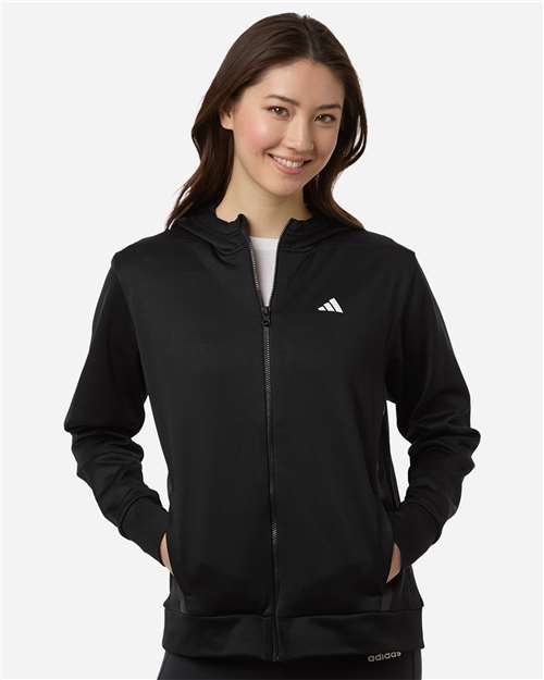 Adidas AT209 Women's Game & Go Fleece Full-Zip Hooded Sweatshirt - Black/ White - model front