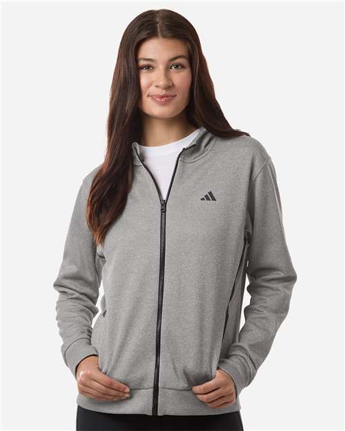 Adidas AT209 Women's Game & Go Fleece Full-Zip Hooded Sweatshirt - Medium Grey Heather/ Black - model front