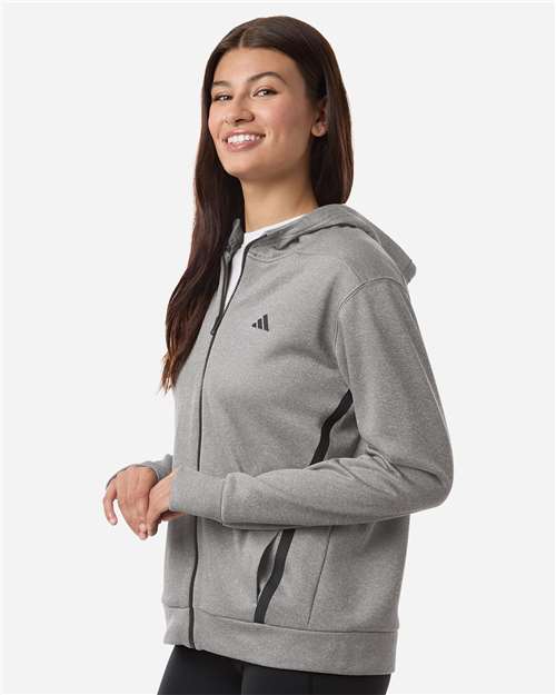 Adidas AT209 Women's Game & Go Fleece Full-Zip Hooded Sweatshirt - Medium Grey Heather/ Black - model side