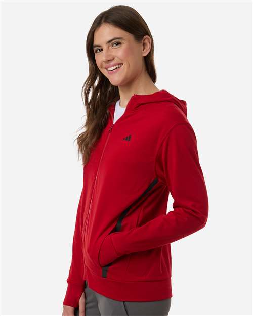 Adidas AT209 Women's Game & Go Fleece Full-Zip Hooded Sweatshirt - Team Power Red/ Black - model side