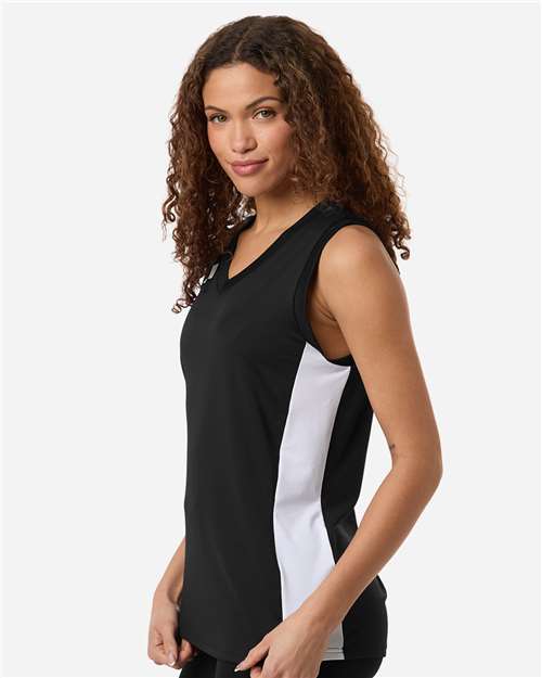 Adidas AT120 Women's Quickset V-Neck Sleeveless Jersey - Black/ White - model side