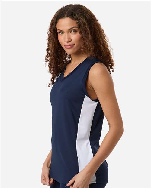 Adidas AT120 Women's Quickset V-Neck Sleeveless Jersey - Team Navy Blue/ White - model side