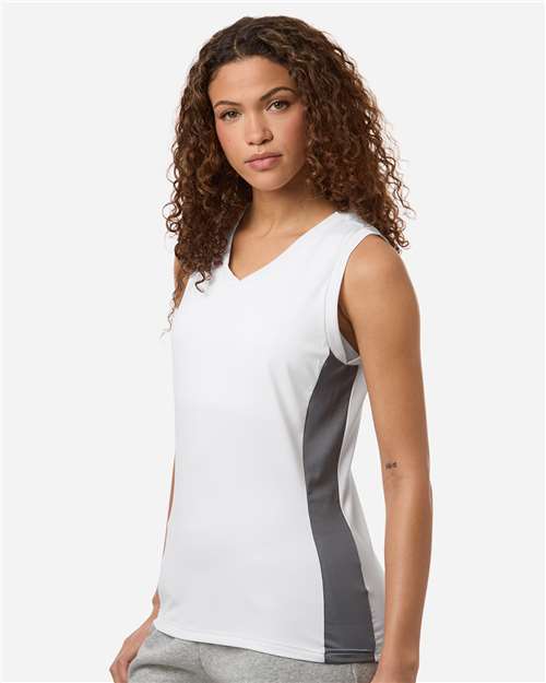 Adidas AT120 Women's Quickset V-Neck Sleeveless Jersey - White - model side