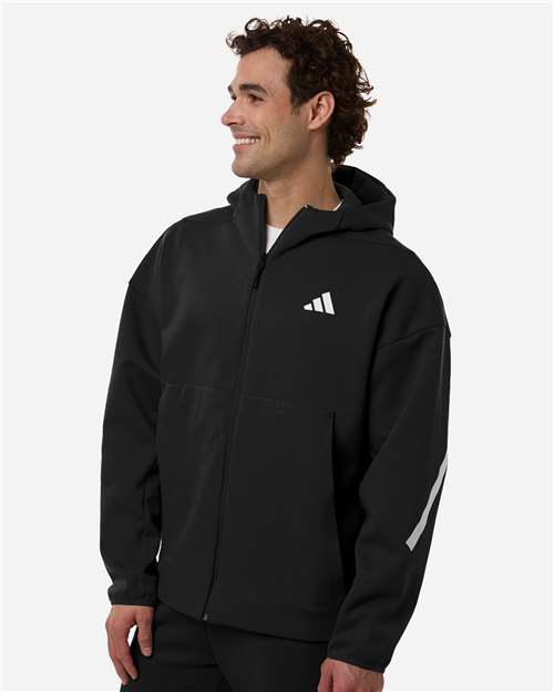 Adidas AT220 Men's Z.N.E Full-Zip Hooded Sweatshirt - Black/ White - model side