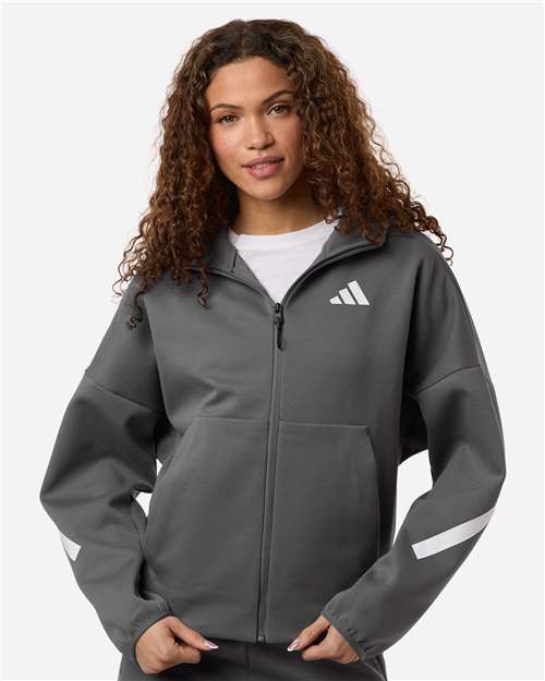 Adidas AT221 Women's Z.N.E Full-Zip Hooded Sweatshirt - Team Grey Four/ White - model front