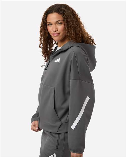 Adidas AT221 Women's Z.N.E Full-Zip Hooded Sweatshirt - Team Grey Four/ White - model side