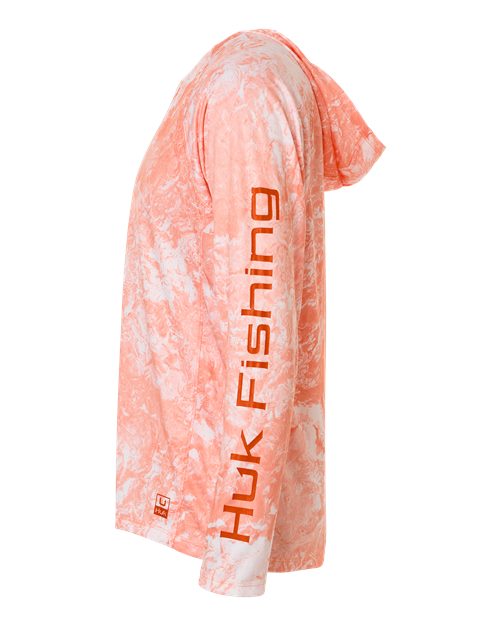 HUK H12L0047 Men's Pursuit Mossy Oak Printed Hooded Long Sleeve T-Shirt - Coral Reef - side