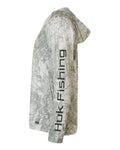 HUK H12L0047 Men's Pursuit Mossy Oak Printed Hooded Long Sleeve T-Shirt - Seagrass - side