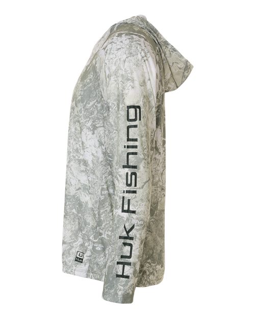 HUK H12L0047 Men's Pursuit Mossy Oak Printed Hooded Long Sleeve T-Shirt - Seagrass - side