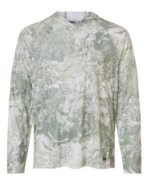 HUK H12L0047 Men's Pursuit Mossy Oak Printed Hooded Long Sleeve T-Shirt - Seagrass - front
