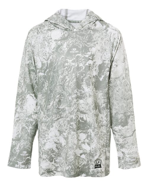 HUK H712L003 Youth Pursuit Mossy Oak Printed Hooded Long Sleeve T-Shirt - Seagrass - front