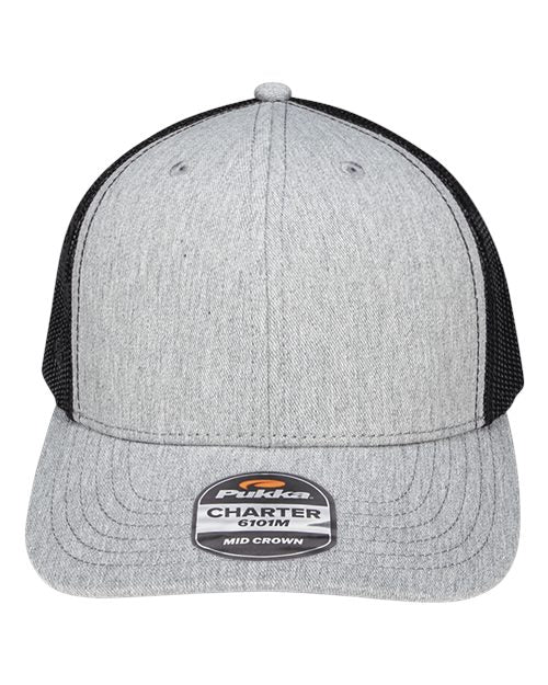 Pukka 6101M Charter Six-Panel Cap - Grey Heather/ Black - front