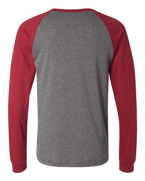 BELLA + CANVAS 3000 Men's Long Sleeve Jersey Baseball Tee - Deep Heather/ Cardinal - back