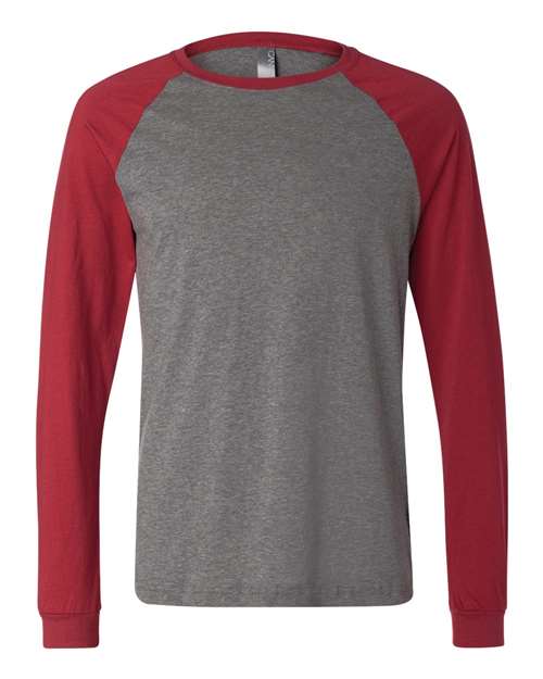 BELLA + CANVAS 3000 Men's Long Sleeve Jersey Baseball Tee - Deep Heather/ Cardinal - front