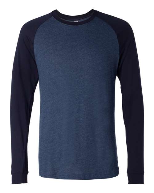 BELLA + CANVAS 3000 Men's Long Sleeve Jersey Baseball Tee - Heather Navy/ Midnight - front