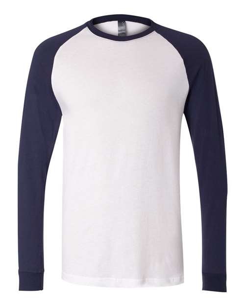 BELLA + CANVAS 3000 Men's Long Sleeve Jersey Baseball Tee - White/ Navy - front