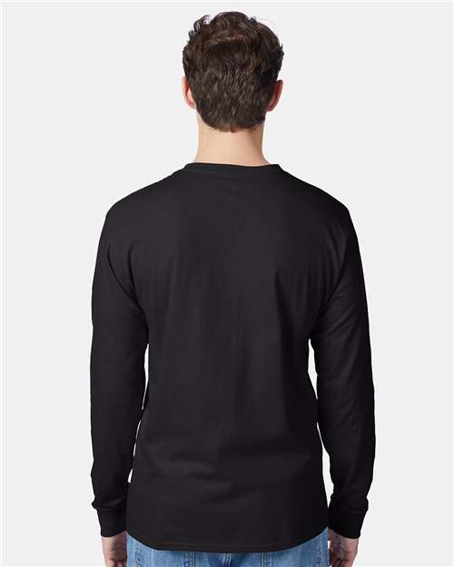 Hanes 5596 Men's Authentic Long Sleeve Pocket T-Shirt - Black - model back