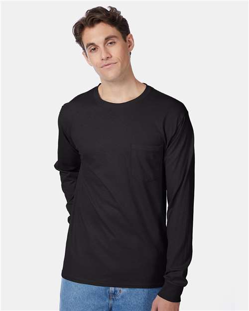 Hanes 5596 Men's Authentic Long Sleeve Pocket T-Shirt - Black - model front