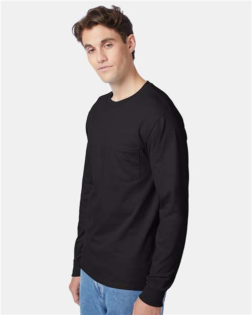 Hanes 5596 Men's Authentic Long Sleeve Pocket T-Shirt - Black - model side