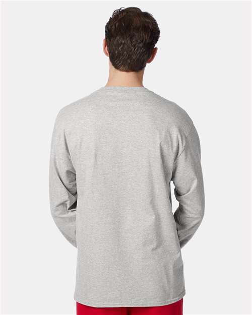 Hanes 5596 Men's Authentic Long Sleeve Pocket T-Shirt - Light Steel - model back