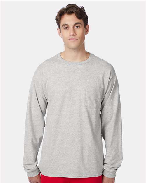 Hanes 5596 Men's Authentic Long Sleeve Pocket T-Shirt - Light Steel - model front