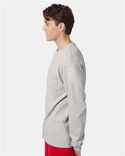Hanes 5596 Men's Authentic Long Sleeve Pocket T-Shirt - Light Steel - model side