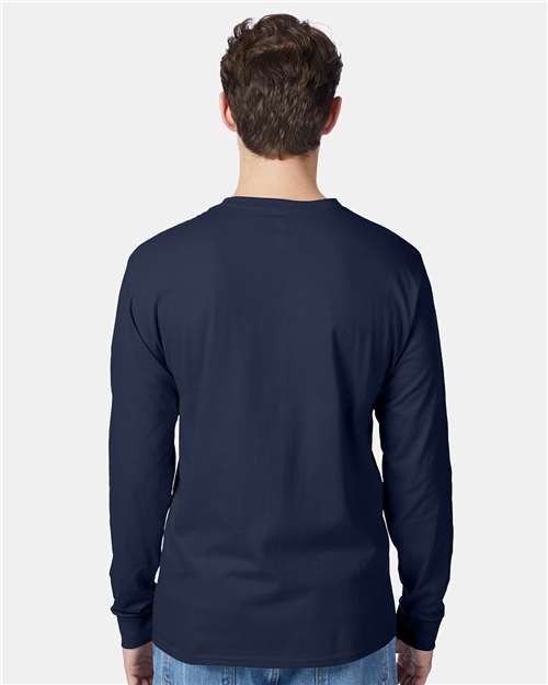 Hanes 5596 Men's Authentic Long Sleeve Pocket T-Shirt - Navy - model back