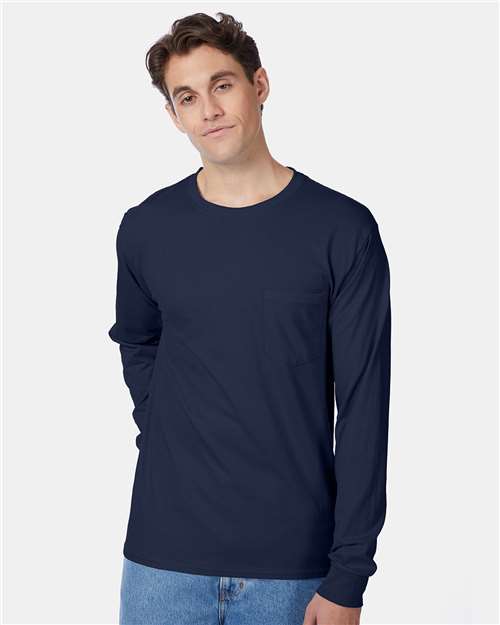 Hanes 5596 Men's Authentic Long Sleeve Pocket T-Shirt - Navy - model front