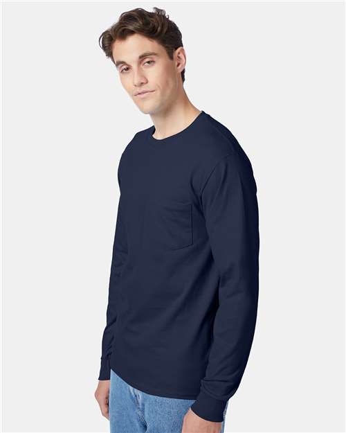 Hanes 5596 Men's Authentic Long Sleeve Pocket T-Shirt - Navy - model side