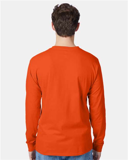 Hanes 5596 Men's Authentic Long Sleeve Pocket T-Shirt - Orange - model back