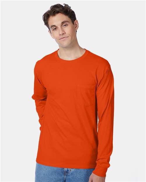 Hanes 5596 Men's Authentic Long Sleeve Pocket T-Shirt - Orange - model front