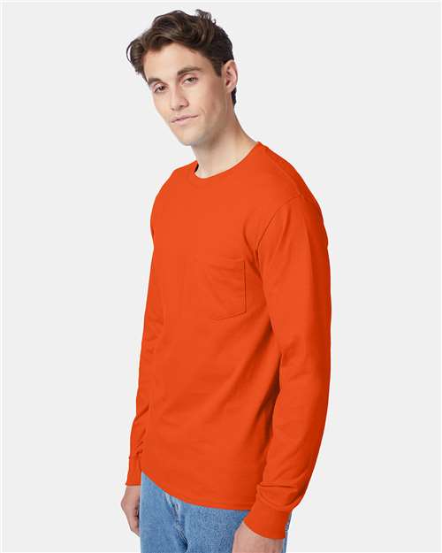 Hanes 5596 Men's Authentic Long Sleeve Pocket T-Shirt - Orange - model side