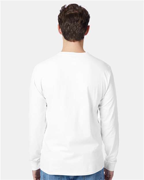 Hanes 5596 Men's Authentic Long Sleeve Pocket T-Shirt - White - model back