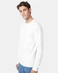 Hanes 5596 Men's Authentic Long Sleeve Pocket T-Shirt - White - model side