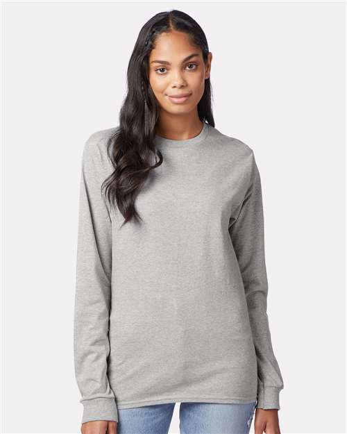 Hanes 5586 Authentic Long Sleeve T-Shirt - Light Steel - model front