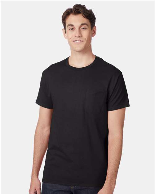 Hanes 5590 Men's Authentic Pocket T-Shirt - Black - model front